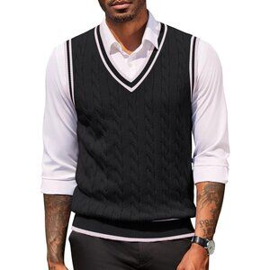 Coofandy Men Black Fitted V Neck Sleeveless Knitted Pullovers Sweater Vest